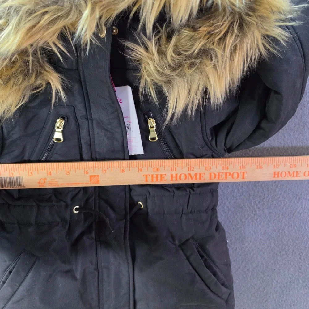 Justice Girls Black Parka Jacket Faux Fur Hood Sherpa Lined Size XS 5/6 NWT